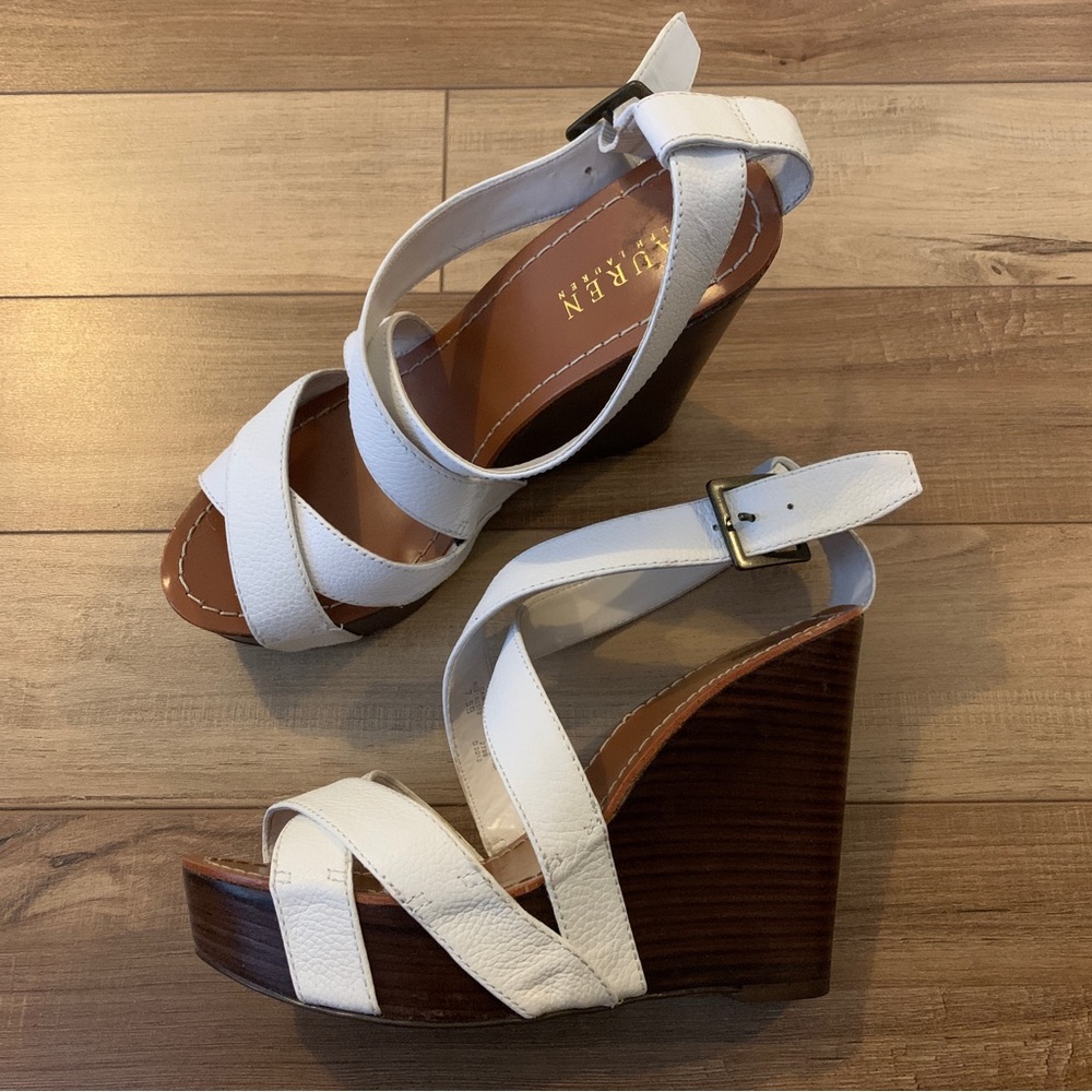 White leather wedge platform sandals